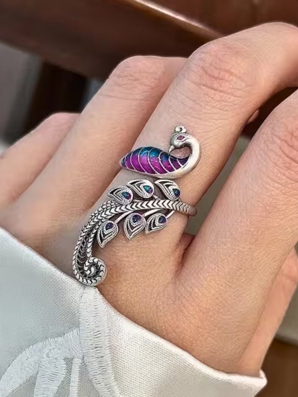 Noble Elegant Enamel Colorful Peacock Adjustable Finger Ring